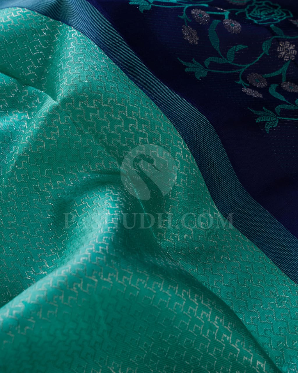 Turquoise Blue And Navy Blue Kanjivaram Silk Saree-DJ344(J)