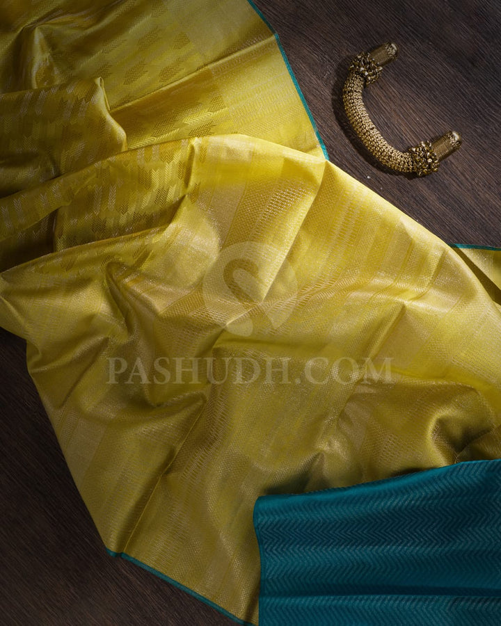 Lemon Yellow And Teal Blue Kanjivaram Silk Saree-D521(N)