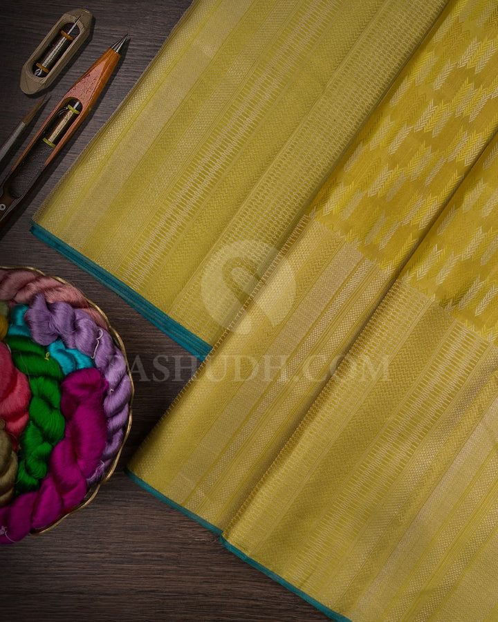 Lemon Yellow And Teal Blue Kanjivaram Silk Saree-D521(N)