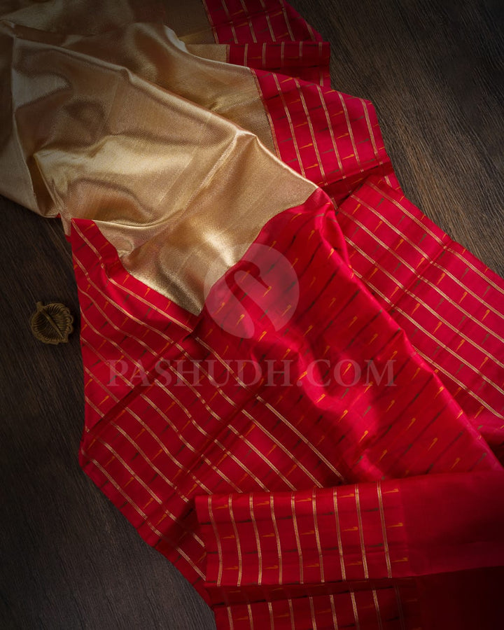 Gold Silver Organza Shimmer Kanjivaram Silk Saree With Red Paithani Border -S1354(C)