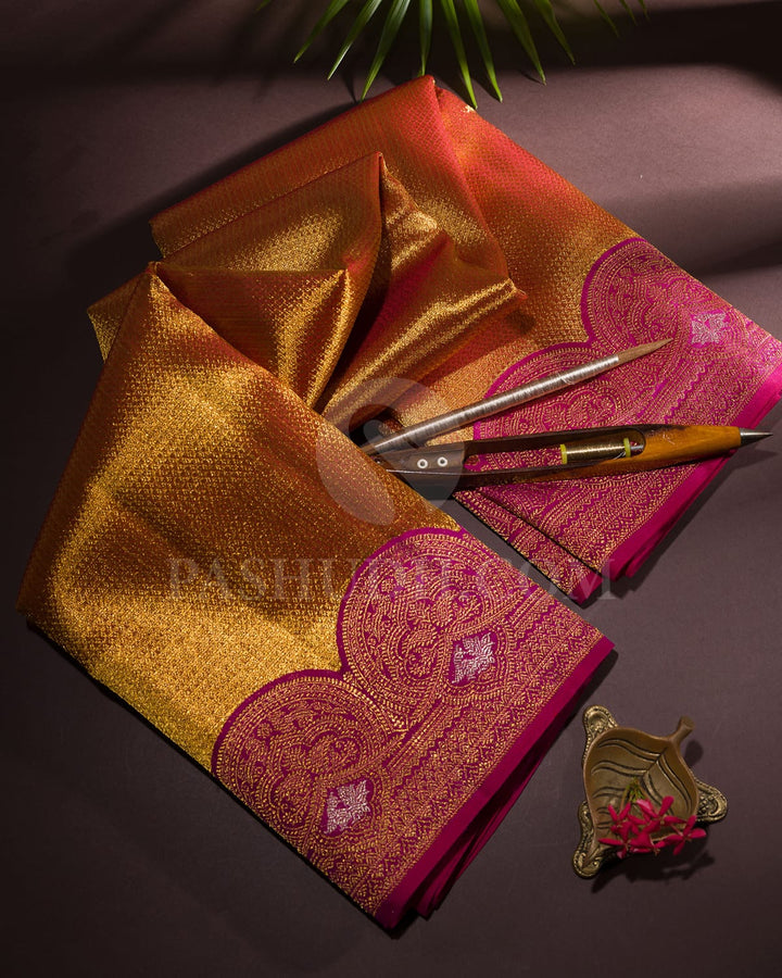 Antique Gold Zari Shimmer Organza Kanjivaram Silk Saree-S1475(B)