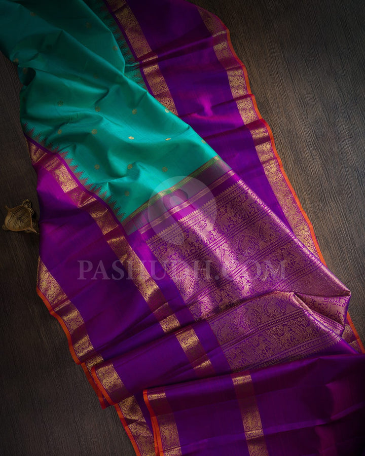 Turquoise Blue  And Dual Shaded Magenta Pure Zari Kanjivaram Silk Saree-SP144