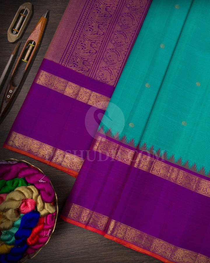 Turquoise Blue  And Dual Shaded Magenta Pure Zari Kanjivaram Silk Saree-SP144