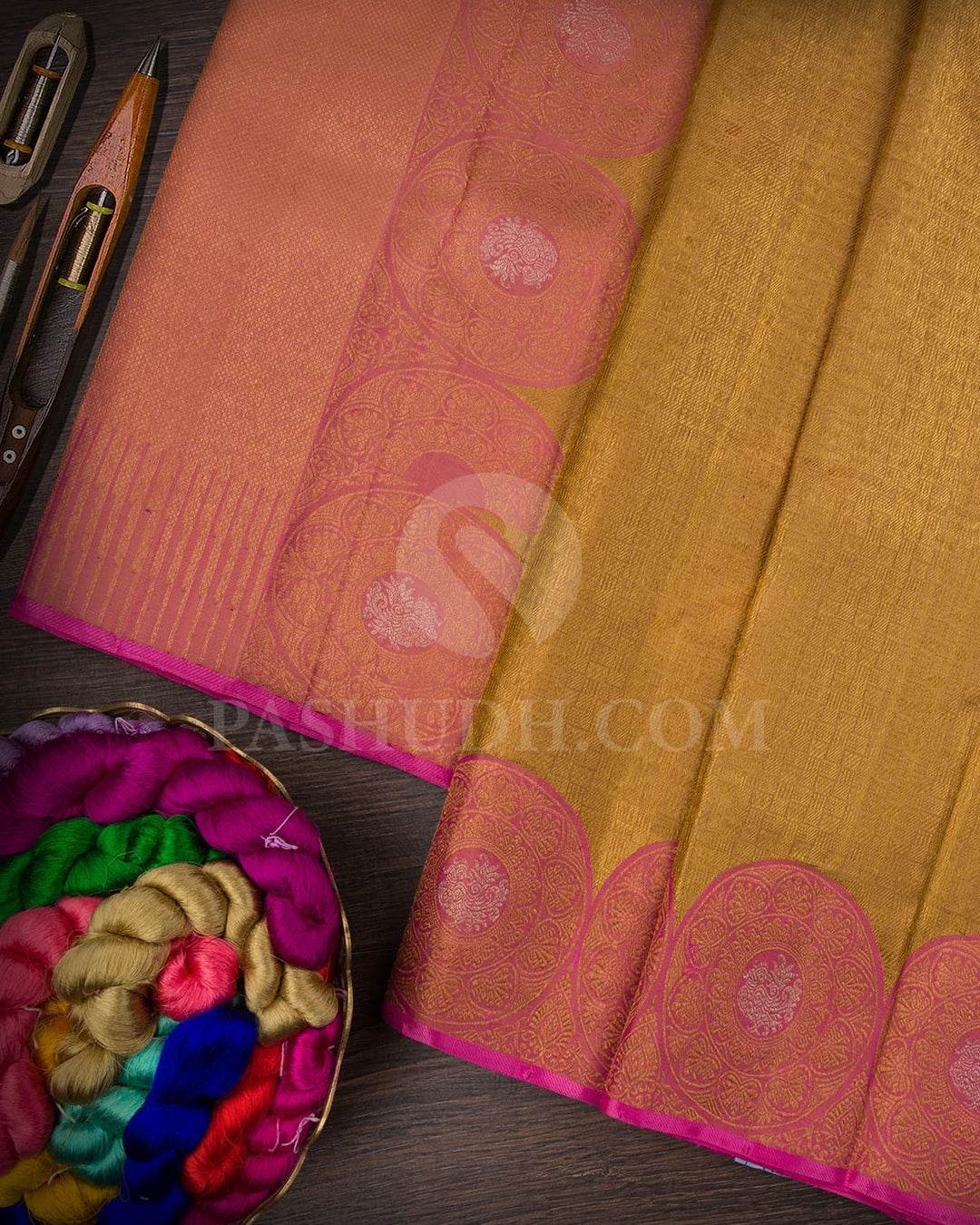 Gold And Watermelon Pink Kanjivaram Silk Saree-S1489(A)