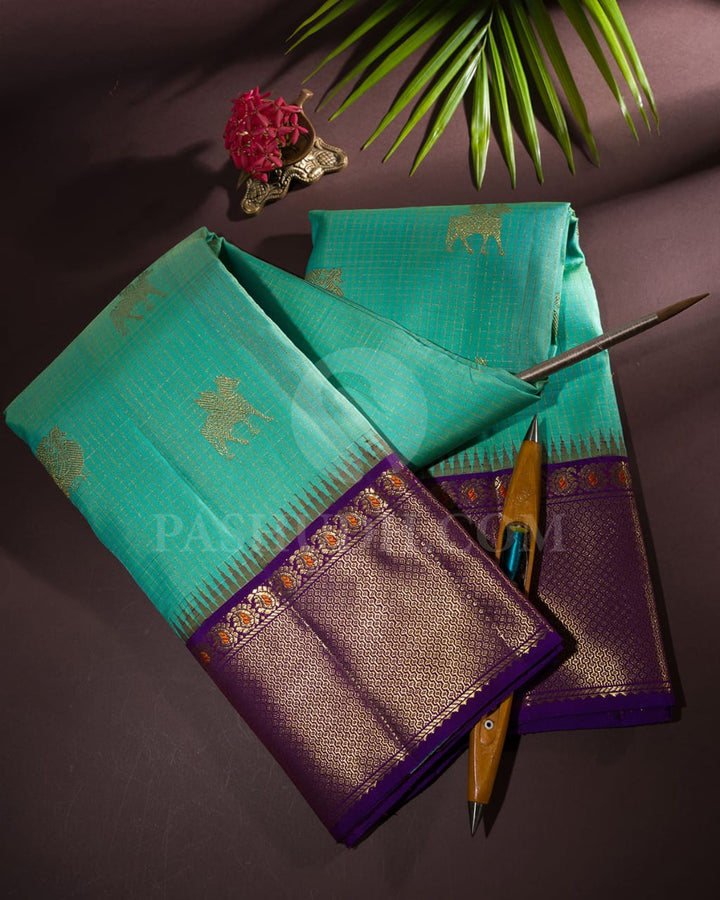 Cyan And Violet Kanjivaram Silk Saree-SP155