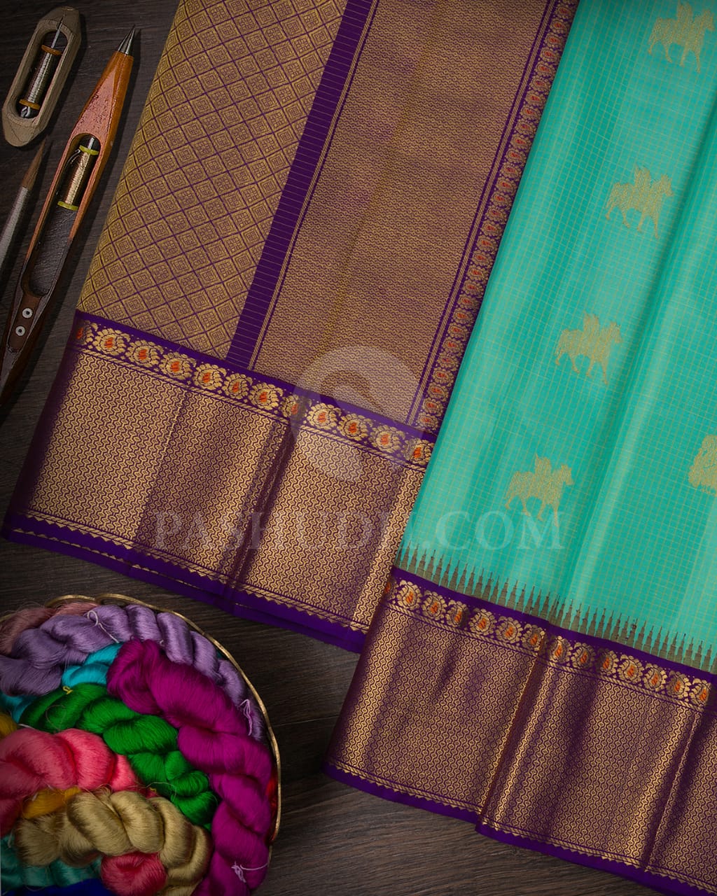 Cyan And Violet Kanjivaram Silk Saree-SP155