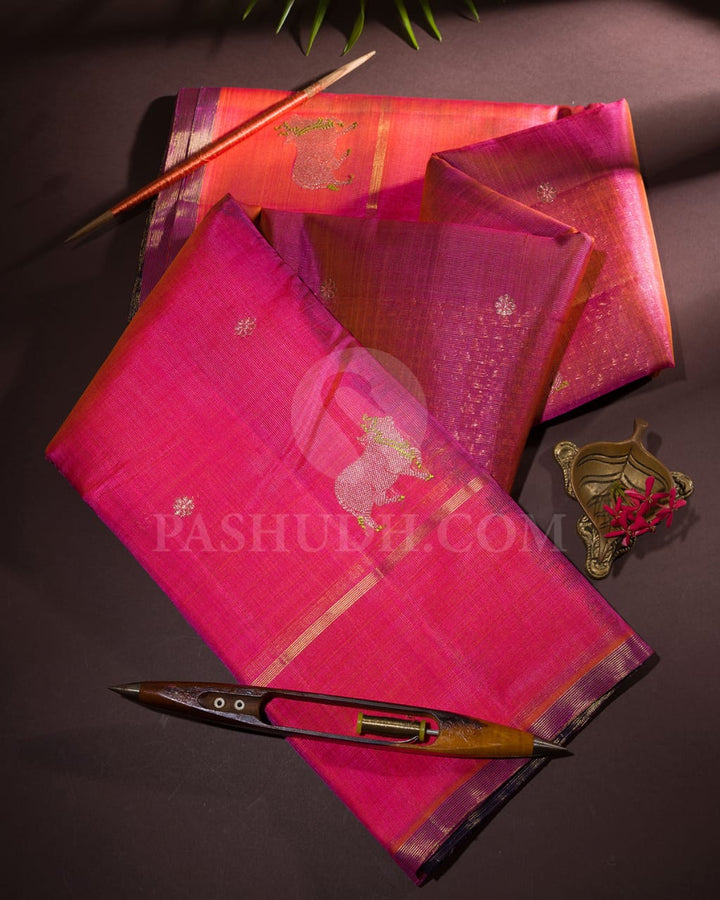 Orange Shot Pink Kora Organza Kanjivaram Silk Saree-S1476(A)