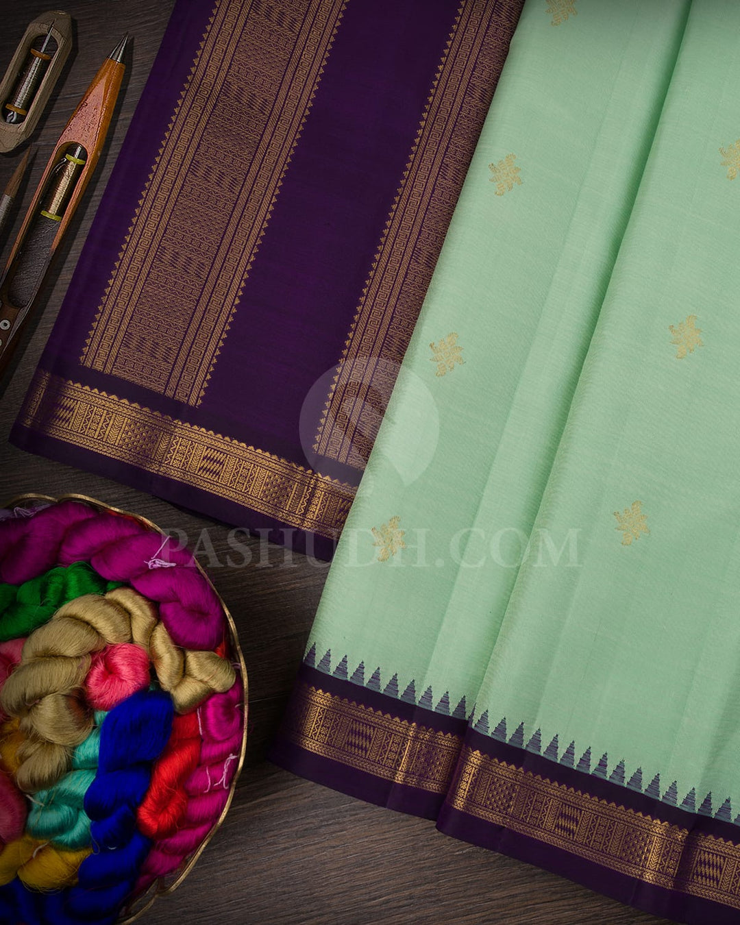 Pista Green And Purple Pure Zari Kanjivaram Silk Saree-SP187