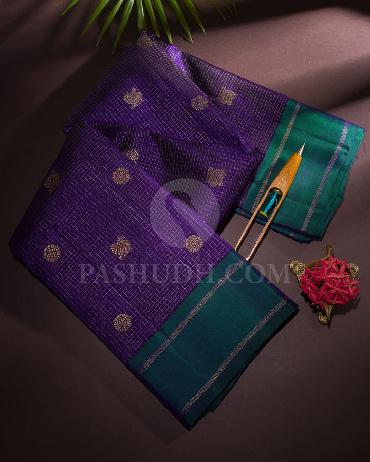 Royal Purple/Indigo With Teal Green Pure Zari Kanjivaram Silk Saree-SP163