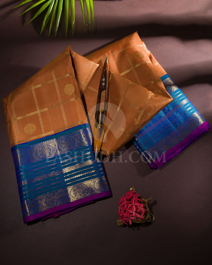 Cinnamon Brown With Peacock Blue Pure Zari Kanjivaram Silk Saree-SP143