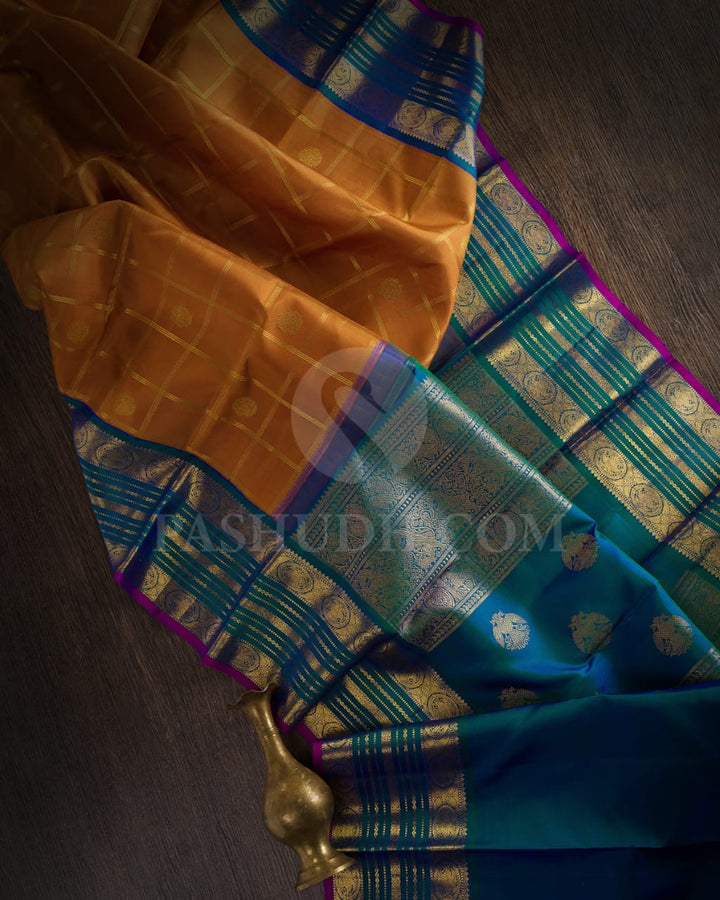 Cinnamon Brown With Peacock Blue Pure Zari Kanjivaram Silk Saree-SP143