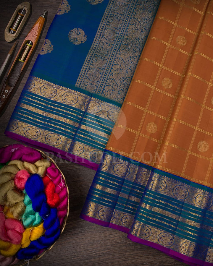Cinnamon Brown With Peacock Blue Pure Zari Kanjivaram Silk Saree-SP143