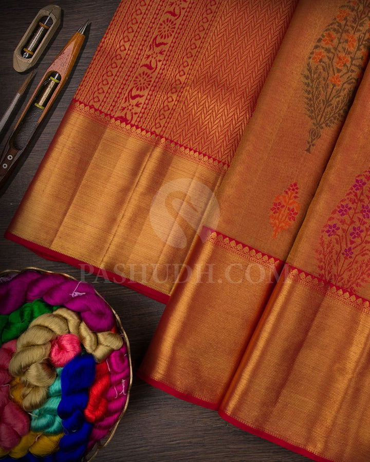 Red Organza Pure Zari Kanjivaram Silk Saree-P190(A)