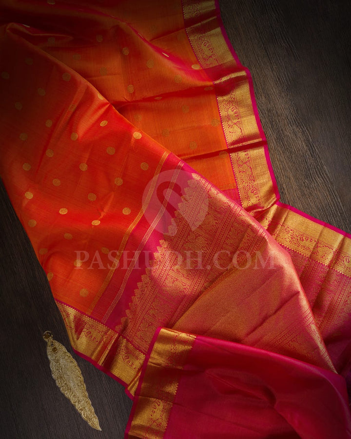 Orange And Rani Pink Pure Zari Kanjivaram Silk Saree-SP179