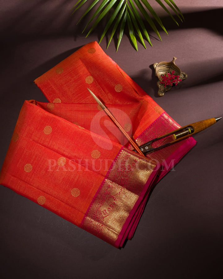 Orange And Rani Pink Pure Zari Kanjivaram Silk Saree-SP179