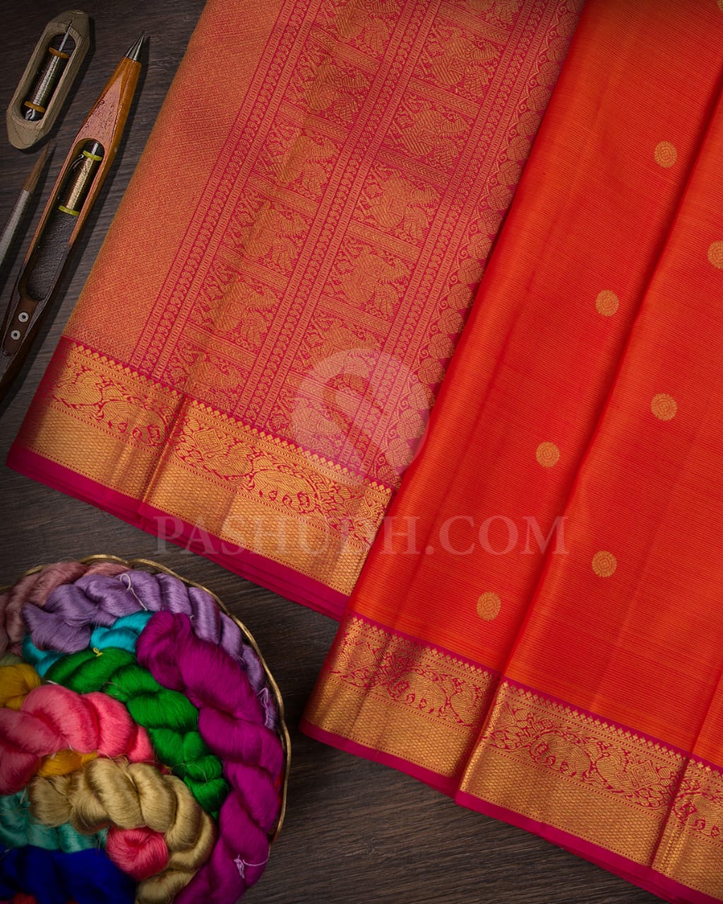 Orange And Rani Pink Pure Zari Kanjivaram Silk Saree-SP179