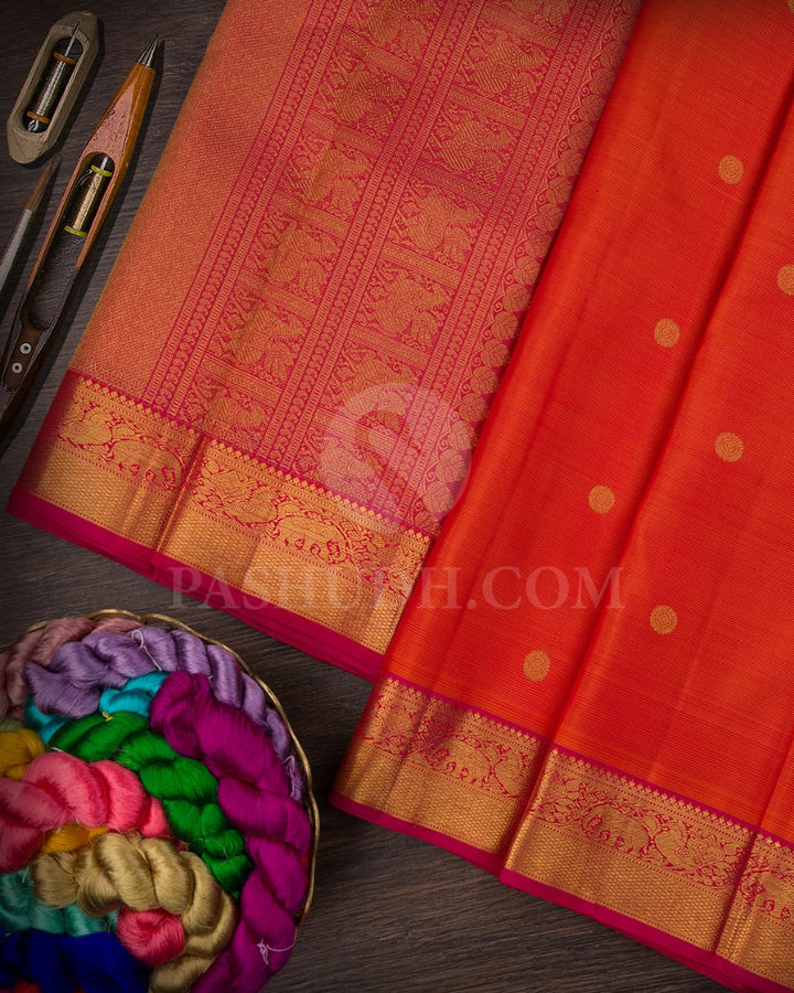Orange And Rani Pink Pure Zari Kanjivaram Silk Saree-SP179