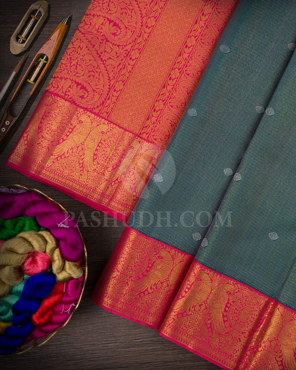 Peacock Blue And Bright Pink Kanjivaram Silk Saree-S1366(B)