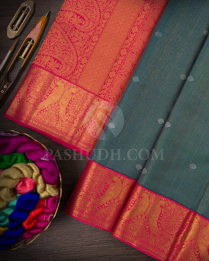 Peacock Blue And Bright Pink Kanjivaram Silk Saree-S1366(B)