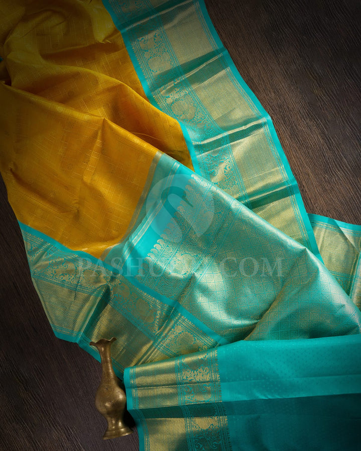 Mango Yellow And Sky Blue Kanjivaram Silk Saree-SP176