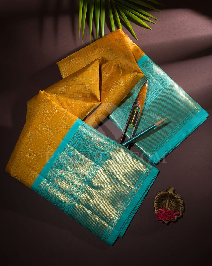 Mango Yellow And Sky Blue Kanjivaram Silk Saree-SP176