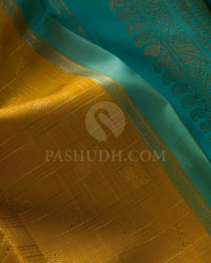 Mango Yellow And Sky Blue Kanjivaram Silk Saree-SP176