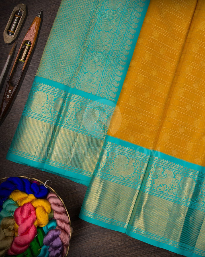 Mango Yellow And Sky Blue Kanjivaram Silk Saree-SP176