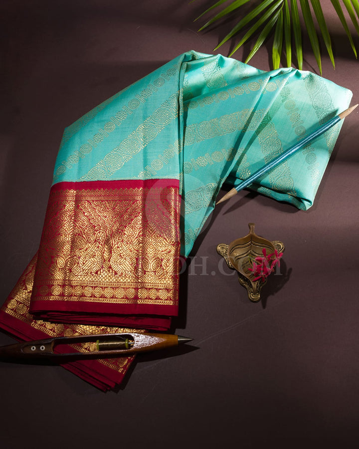 Sky Blue And Kumkum Red Kanjivaram Silk Saree-SP177