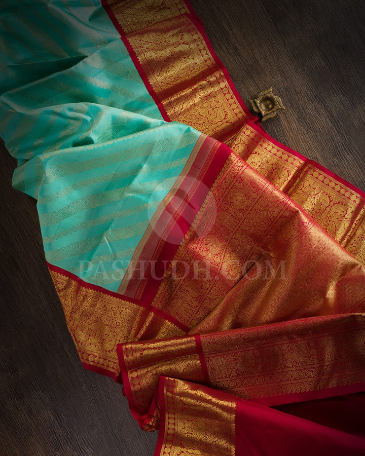 Sky Blue And Kumkum Red Kanjivaram Silk Saree-SP177