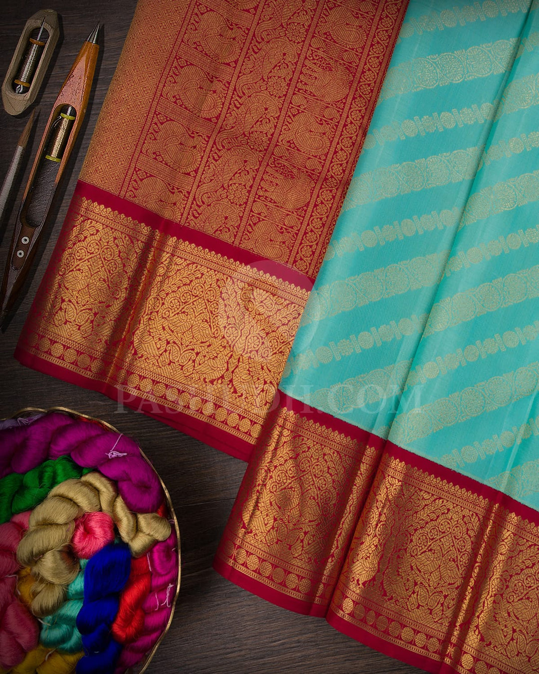 Sky Blue And Kumkum Red Kanjivaram Silk Saree-SP177