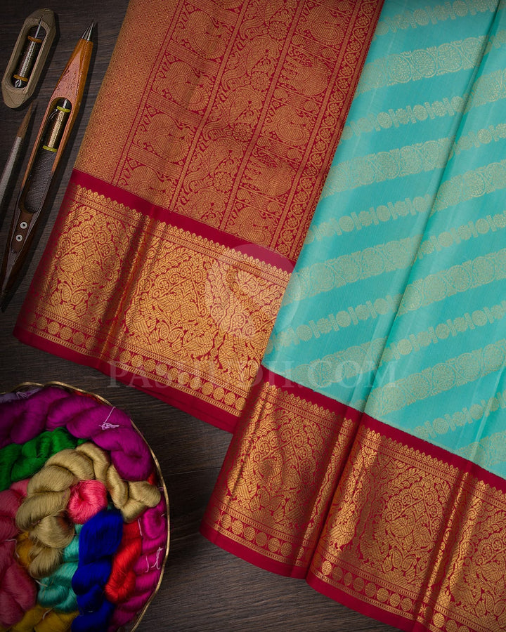Sky Blue And Kumkum Red Kanjivaram Silk Saree-SP177