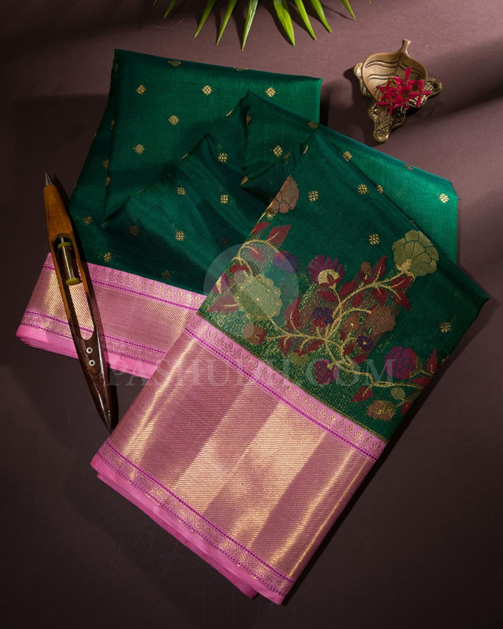 Bottle Green With Rose Pink Pure Zari Kanjivaram Silk Saree-P173(B)