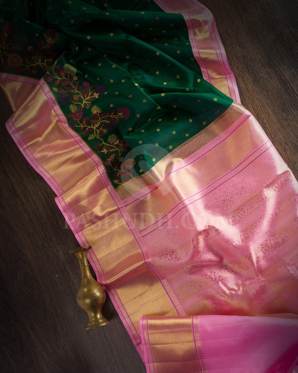 Bottle Green With Rose Pink Pure Zari Kanjivaram Silk Saree-P173(B)