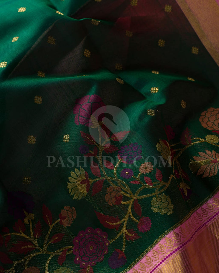 Bottle Green With Rose Pink Pure Zari Kanjivaram Silk Saree-P173(B)