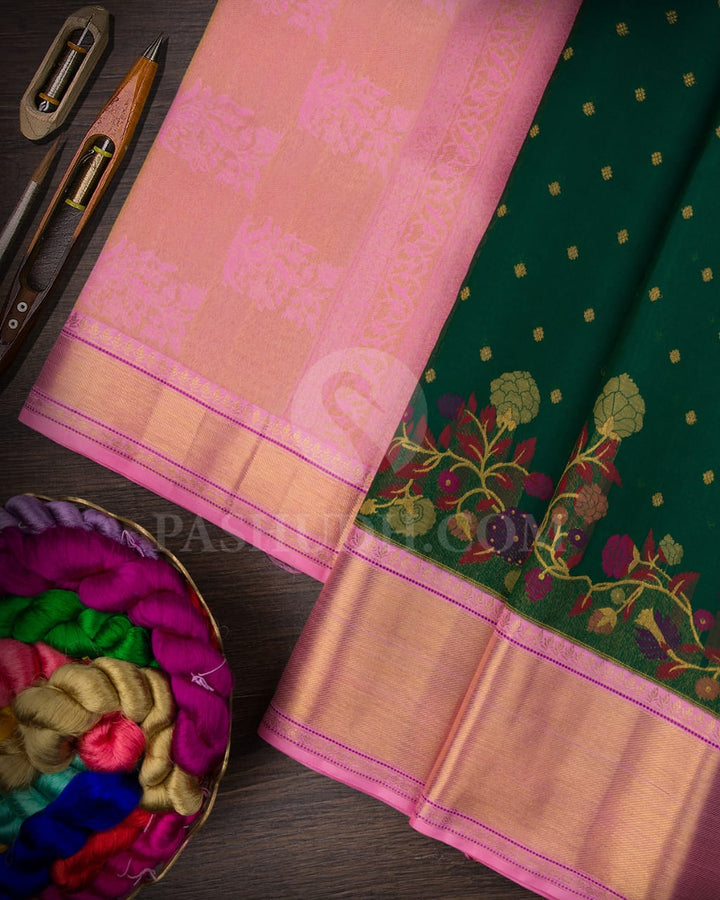 Bottle Green With Rose Pink Pure Zari Kanjivaram Silk Saree-P173(B)
