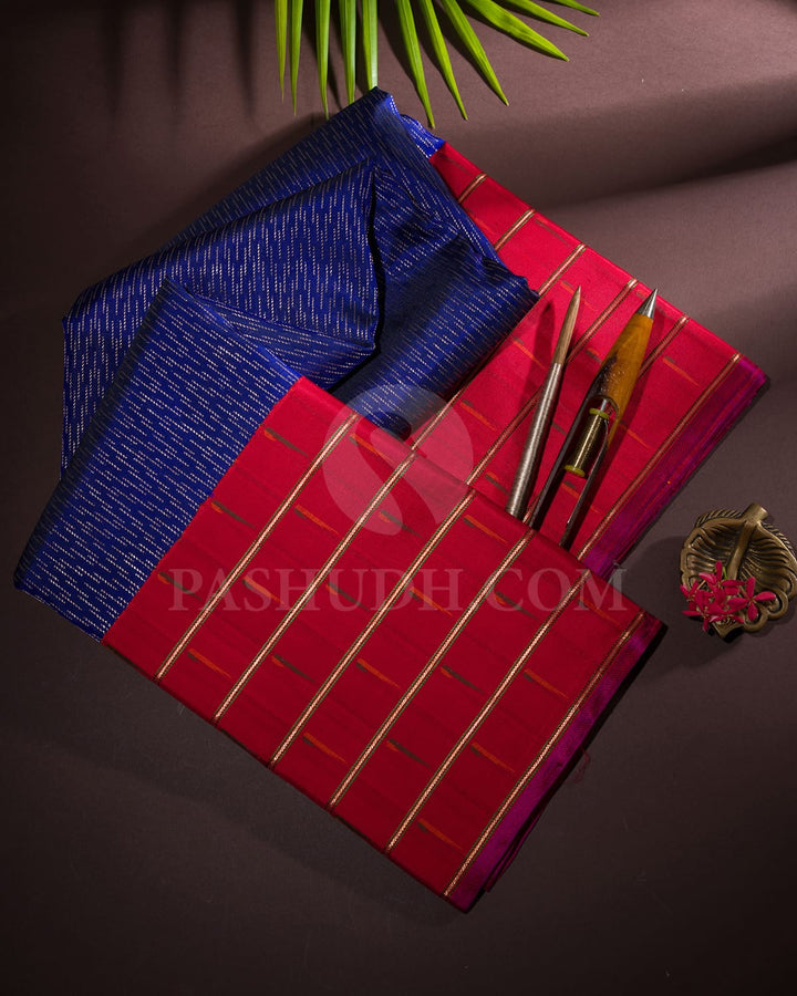 Navy Blue And Red Kanjivaram Silk Saree-S1480(A)