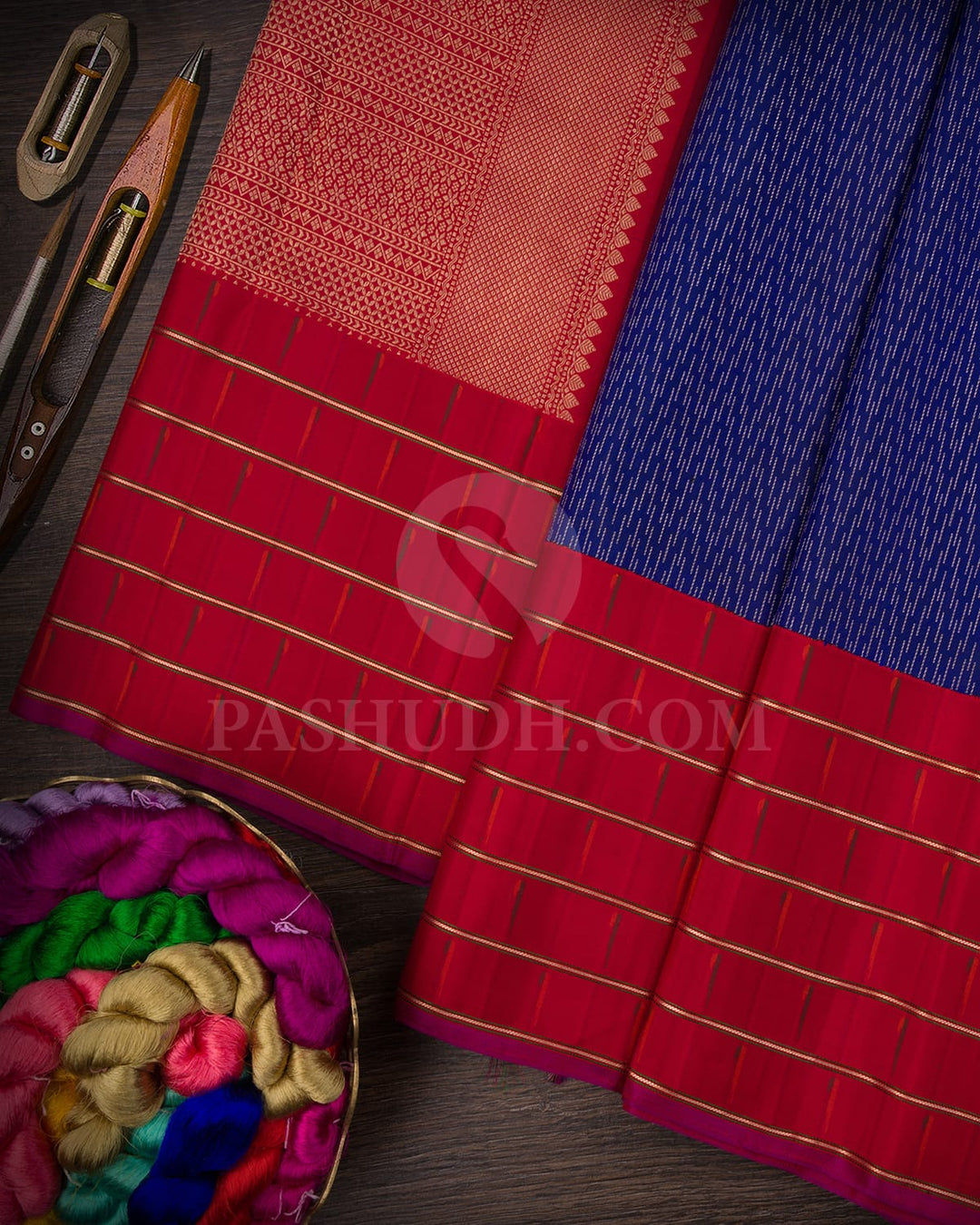 Navy Blue And Red Kanjivaram Silk Saree-S1480(A)