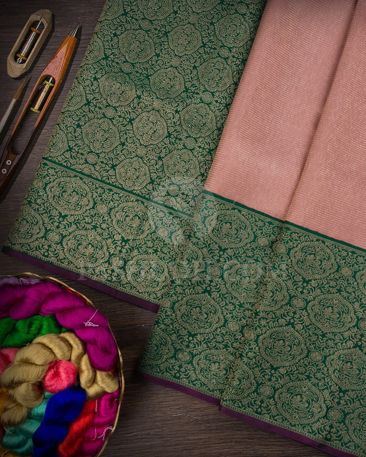Pastel Pink And Forest Green Kanjivaram Silk Saree-S1168(B)