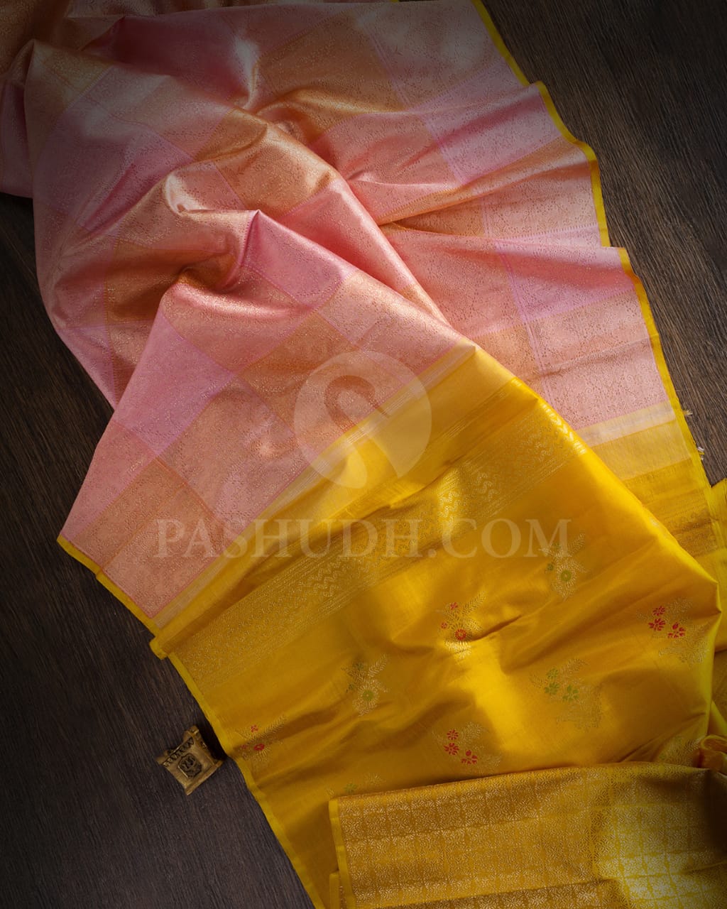 Baby Pink And Mustard Traditional Borderless Kanjivaram Silk Saree-S1487(A)