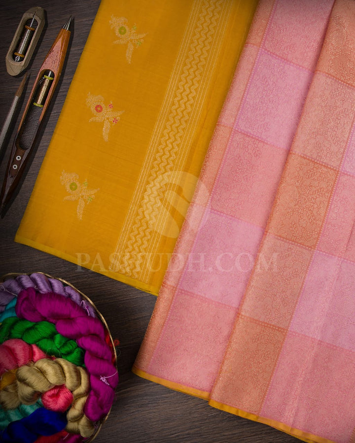 Baby Pink And Mustard Traditional Borderless Kanjivaram Silk Saree-S1487(A)