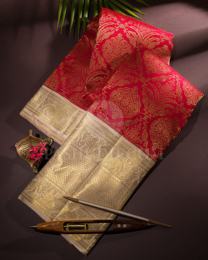 Red And Half White Kanjivaram Silk Saree-SP188