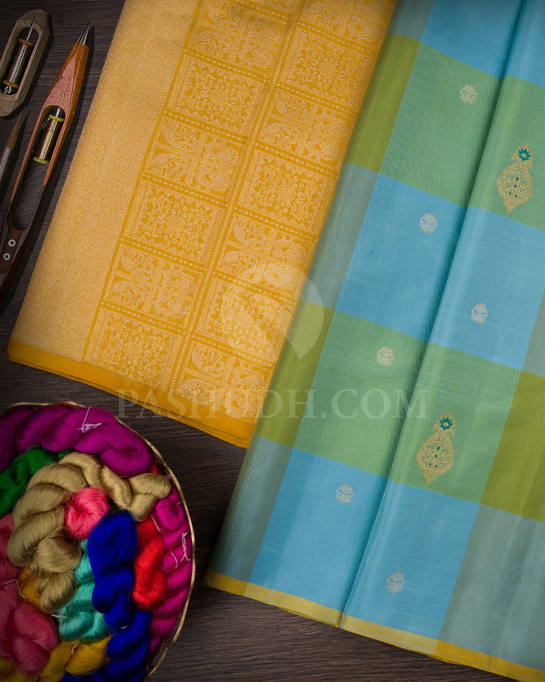 Sky Blue And Yellow Traditional Borderless Kanjivaram Silk Saree-S1491(A)
