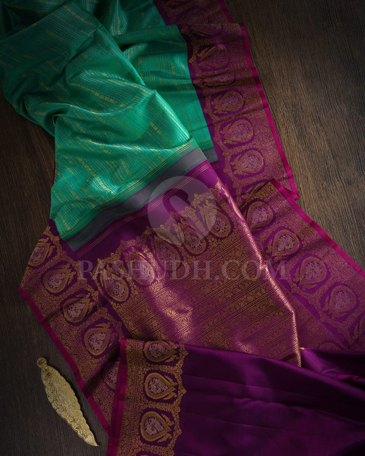 Turquoise Blue With Purple Kanjivaram Silk Saree-S1486(B)