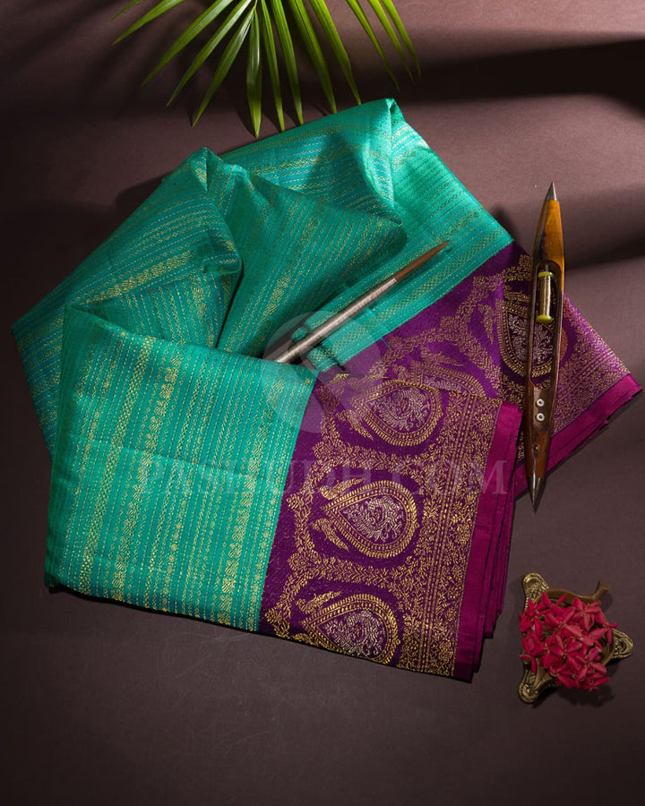 Turquoise Blue With Purple Kanjivaram Silk Saree-S1486(B)