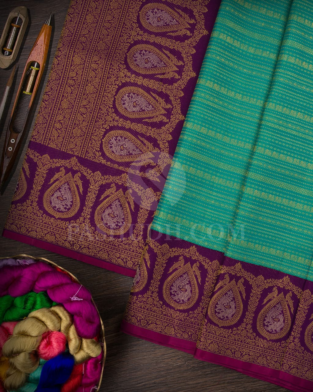 Turquoise Blue With Purple Kanjivaram Silk Saree-S1486(B)