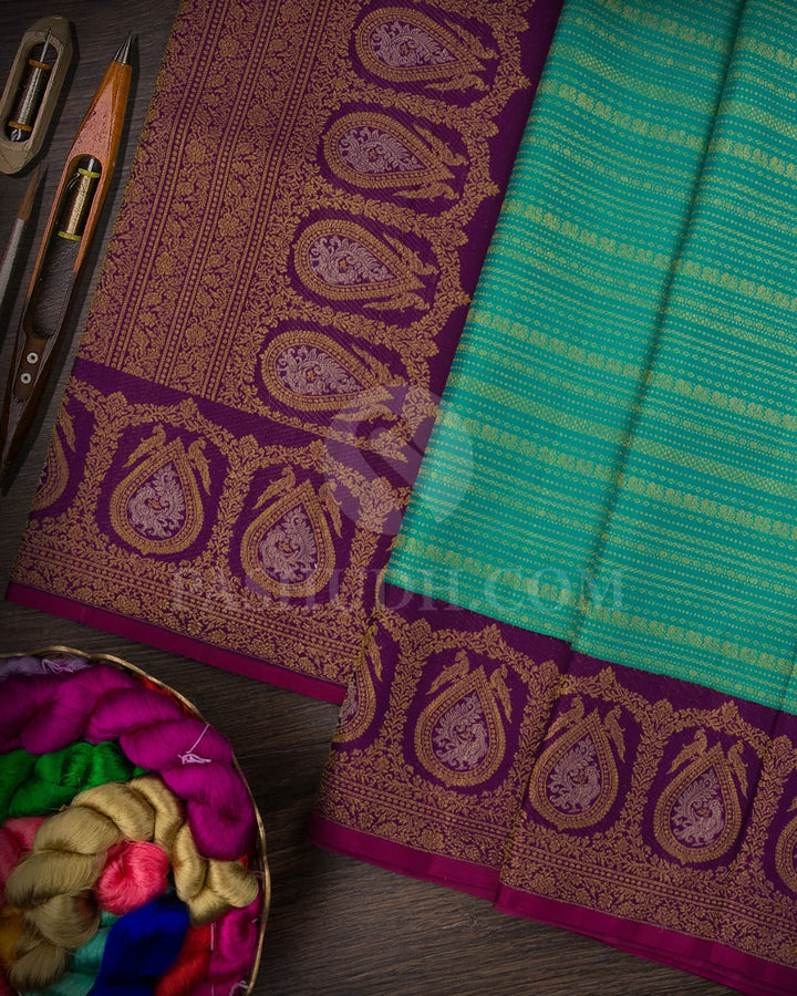 Turquoise Blue With Purple Kanjivaram Silk Saree-S1486(B)