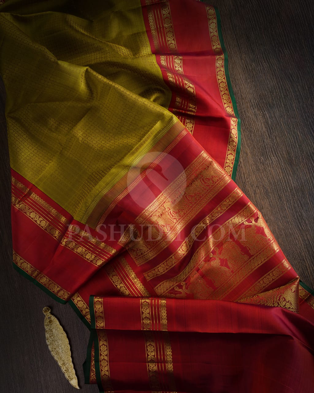 Khaki Green And Rust Red Pure Zari Kanjivaram Silk Saree-SP149