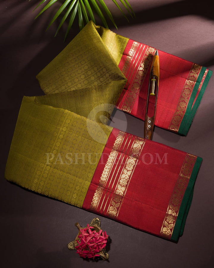 Khaki Green And Rust Red Pure Zari Kanjivaram Silk Saree-SP149