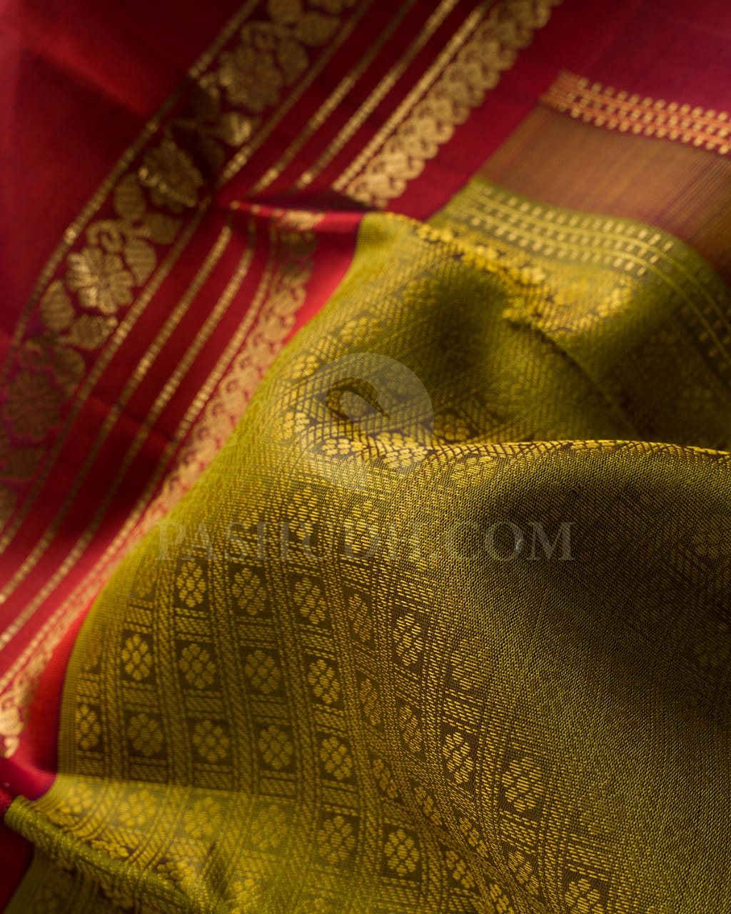 Khaki Green And Rust Red Pure Zari Kanjivaram Silk Saree-SP149