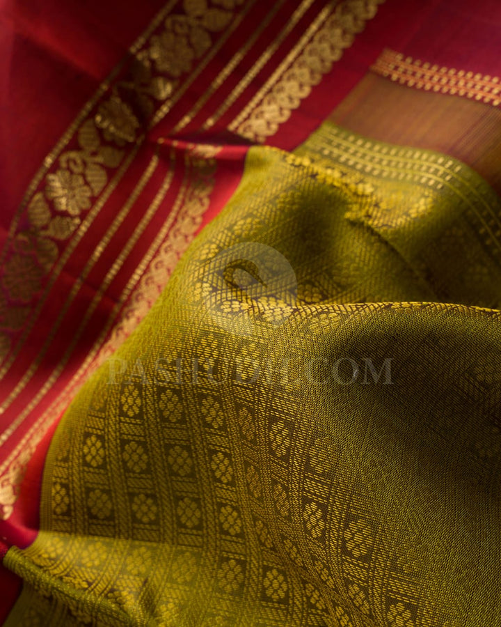 Khaki Green And Rust Red Pure Zari Kanjivaram Silk Saree-SP149